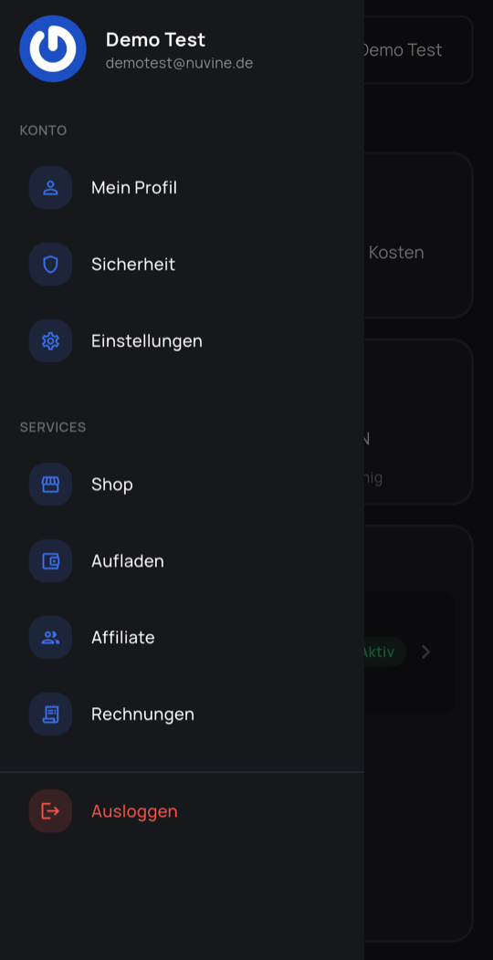 Hauptmenü der App